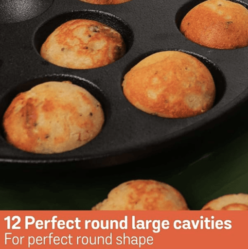 Meyer Pre Seasoned Cast Iron 12 Cavity Appam Patra | Paniyaram Pan Cast Iron | Appam Pan | Pan Cake | Paddu Maker | Appam Maker | Ponganal Maker | Appe Pan | Litti Maker with 2 Side Handle, 20cm - Image 4